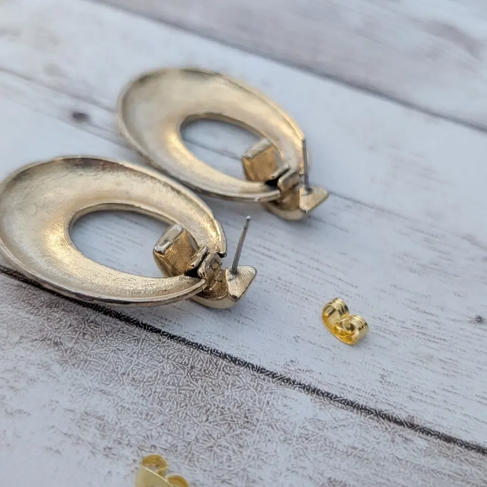 Vintage Stud Earrings Statement Gold Tone Hammered Design with Clear Gems